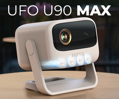 BYINTEK UFO U90 MAX prenosni 4LED DLP projektor, Android TV, Dual WIFI, Bluetooth, polnilna baterija, 700 ANSI lumnov, samodejni fokus, STEREO zvočniki, max 4K UHD, USB / HDMI / AUX, +daljinec, bel