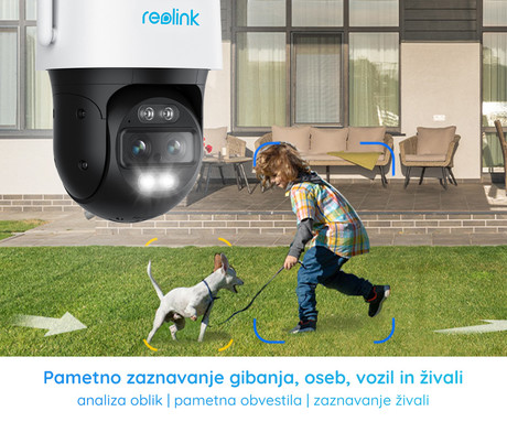 Kamera Reolink TrackMix WiFi, dva objektiva, 4K Ultra HD, WiFi, vrtenje in nagibanje, IR nočno snemanje, LED reflektorji, aplikacija, vodoodporna, dvosmerna komunikacija, bela