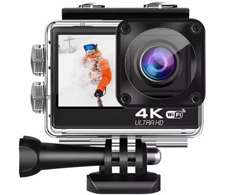 TREVI GO 2550 4K športna kamera, 3v1, 4K Ultra HD, WiFi, 2 zaslona, polnilna baterija, mikrofon, vodoodporno ohišje, priloženi dodatki, črna