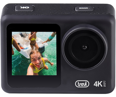 TREVI GO 2550 4K športna kamera, 3v1, 4K Ultra HD, WiFi, 2 zaslona, polnilna baterija, mikrofon, vodoodporno ohišje, priloženi dodatki, črna