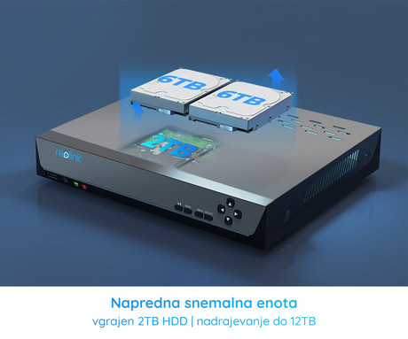 EOL - Reolink RLK8-1200B4-A varnostni komplet, 1x NVR snemalna enota (2TB) + 4x IP kamere B1200, zaznavanje gibanja, 4K Ultra HD+, IR LED, dvosmerna komunikacija, aplikacija, IP66
