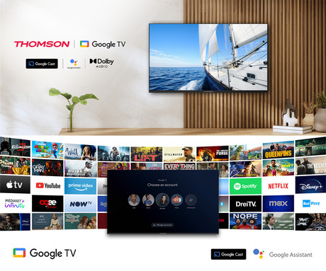 THOMSON 32HG2S14 LED TV sprejemnik, 81cm (32"), HD, Google TV, WiFi, Bluetooth, Dolby Audio, Google Assistant, Chromecast, Frameless oblika, pametni daljinec, črn (Premium Black)