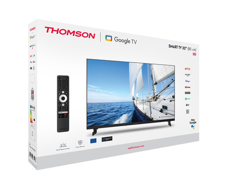 THOMSON 32HG2S14 LED TV sprejemnik, 81cm (32"), HD, Google TV, WiFi, Bluetooth, Dolby Audio, Google Assistant, Chromecast, Frameless oblika, pametni daljinec, črn (Premium Black)