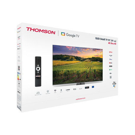THOMSON 75QG5C14 QLED TV sprejemnik, 190cm (75"), 4K UHD, Google TV, WiFi, Bluetooth, HDR10, Dolby Atmos, Dolby Vision, Google Assistant, Chromecast, HOTEL Mode, vrtljivo stojalo, pametni daljinec