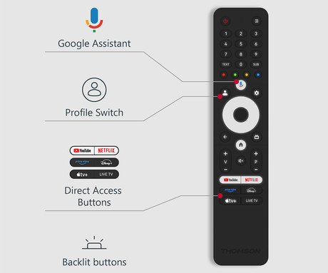 THOMSON 100QG7S14 QLED Pro TV sprejemnik, 254cm (100"), 4K UHD, Google TV, 144Hz, WiFi, Bluetooth, HDR10, Dolby Atmos, Dolby Vision, Google Assistant, Chromecast, stranske nogice, pametni daljinec