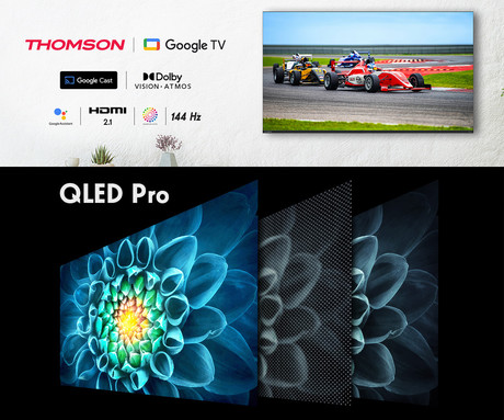 THOMSON 100QG7S14 QLED Pro TV sprejemnik, 254cm (100"), 4K UHD, Google TV, 144Hz, WiFi, Bluetooth, HDR10, Dolby Atmos, Dolby Vision, Google Assistant, Chromecast, stranske nogice, pametni daljinec