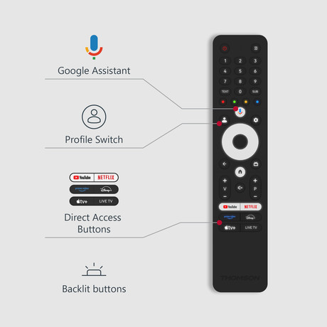 THOMSON 75MG7C15 MiniLED TV sprejemnik, 190cm (75"), 4K UHD, Google TV, 144Hz, WiFi, Bluetooth, HDR10, Dolby Atmos & Vision, STEREO zvočniki, Google Assistant, Chromecast, HOTEL Mode, pametni daljinec