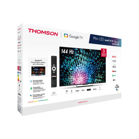 THOMSON 75MG7C15 MiniLED TV sprejemnik, 190cm (75"), 4K UHD, Google TV, 144Hz, WiFi, Bluetooth, HDR10, Dolby Atmos & Vision, STEREO zvočniki, Google Assistant, Chromecast, HOTEL Mode, pametni daljinec