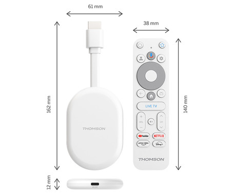 THOMSON 150 GO CAST multimedijski predvajalnik / center, 4K UHD, Google TV, WiFi, Bluetooth, Dolby Audio, Google Assistant, Chromecast, pametni daljinec, bel (Pure White)