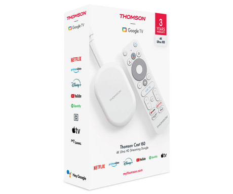 THOMSON 150 GO CAST multimedijski predvajalnik / center, 4K UHD, Google TV, WiFi, Bluetooth, Dolby Audio, Google Assistant, Chromecast, pametni daljinec, bel (Pure White)
