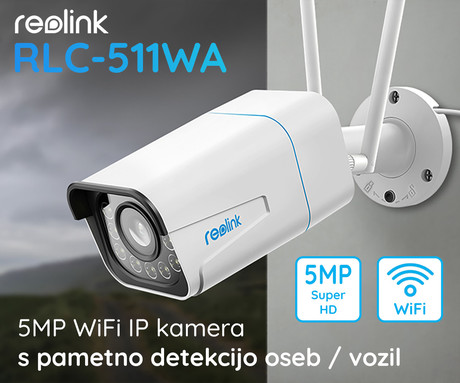 EOL - Kamera Reolink RLC-511WA, WiFi, AI, 5MP Super HD, 5x Optični Zoom, nočno snemanje, senzor gibanja, mikrofon, IP66, upravljanje na daljavo