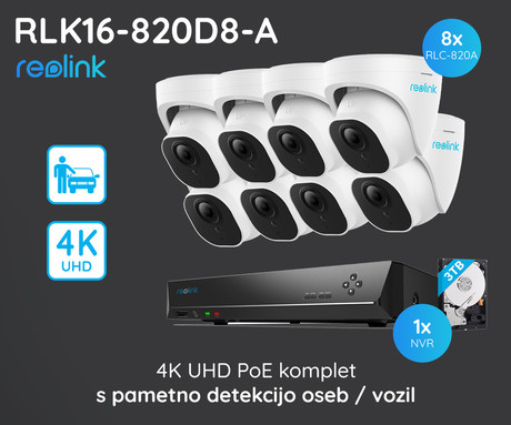 Reolink PoE set, RLK16-820D8-A, 4K-UHD, AI, NVR snemalna enota (16x), 3T trdi disk + 8x IP kamere 4K RLC-820A