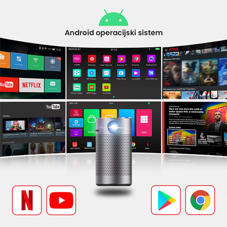 EOL - BYINTEK P7 prenosni mini LED DLP projektor, Android, Wifi, BT5.0, vgrajena baterija, vgrajen zvočnik, HD 1080P Max. 4K