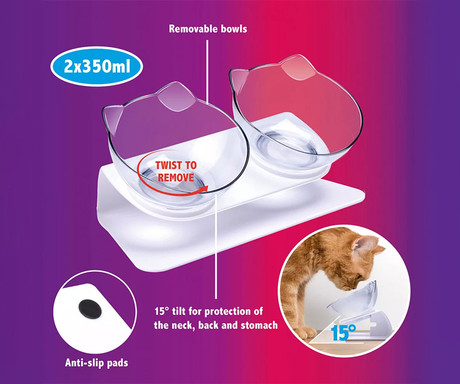 Pet Treatment dvojna posoda s stojalom za mačke, 2x 350ml, za hrano / vodo, 15° nagib, 27x12.5x14cm