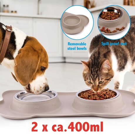 Pet Treatment dvojna posoda s podlogo za živali, 2x 400ml, za hrano / vodo, nerjaveče jeklo, silikon / guma, 46x27x4cm, siva, srebrna