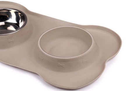 Pet Treatment dvojna posoda s podlogo za živali, 2x 400ml, za hrano / vodo, nerjaveče jeklo, silikon / guma, 46x27x4cm, siva, srebrna