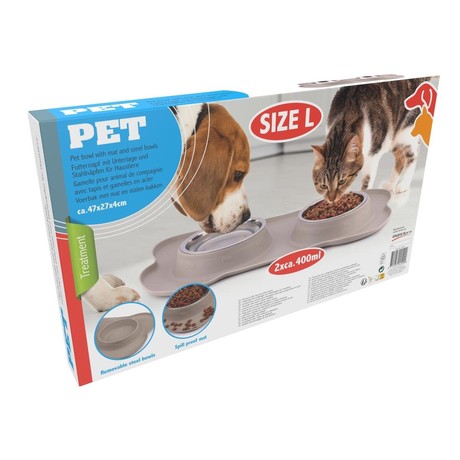 Pet Treatment dvojna posoda s podlogo za živali, 2x 400ml, za hrano / vodo, nerjaveče jeklo, silikon / guma, 46x27x4cm, siva, srebrna