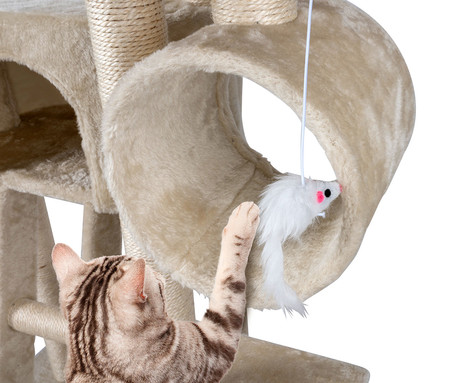 Pet Toys mačje drevo in praskalnik za mačke, 165x50x70cm, hiška, viseše mreže, lestev, 4 nivoji, bež