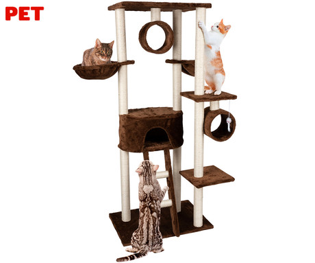 Pet Toys mačje drevo in praskalnik za mačke, 165x50x70cm, hiška, viseše mreže, lestev, 4 nivoji, rjava
