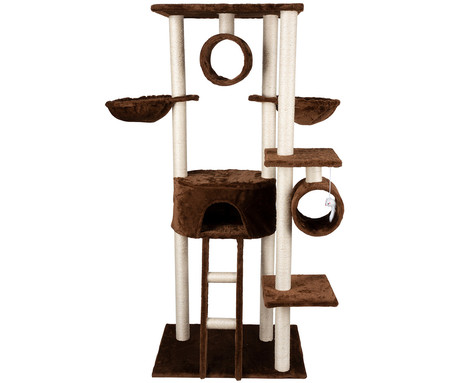 Pet Toys mačje drevo in praskalnik za mačke, 165x50x70cm, hiška, viseše mreže, lestev, 4 nivoji, rjava
