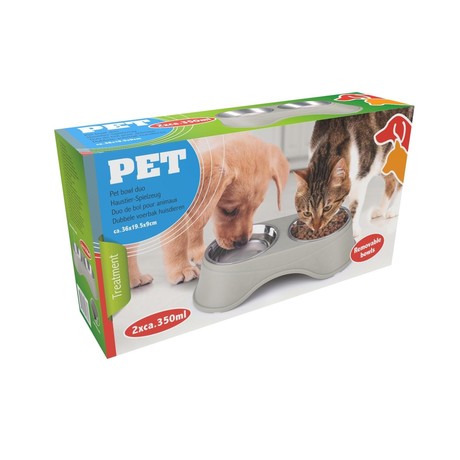 Pet Treatment dvojna posoda s stojalom za živali, 2x 350ml, za hrano / vodo, nerjaveče jeklo, 36x19.5x9cm, siva, modra, roza