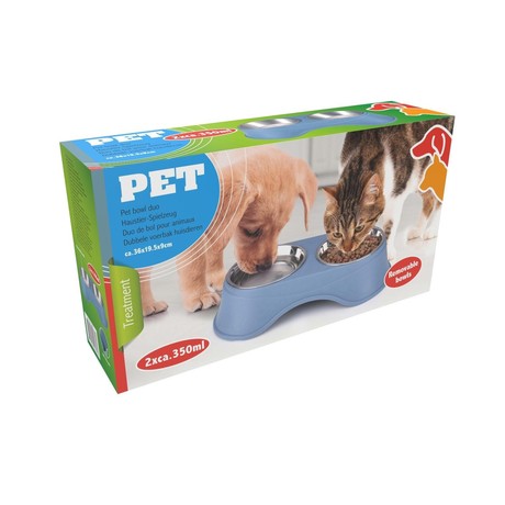 Pet Treatment dvojna posoda s stojalom za živali, 2x 350ml, za hrano / vodo, nerjaveče jeklo, 36x19.5x9cm, siva, modra, roza