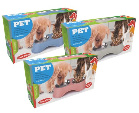 Pet Treatment dvojna posoda s stojalom za živali, 2x 350ml, za hrano / vodo, nerjaveče jeklo, 36x19.5x9cm, siva, modra, roza