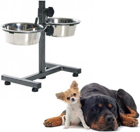 Pet Treatment dvojna posoda s stojalom za živali, 2x 2000ml, za hrano / vodo, nerjaveče jeklo, nastavljiva višina, protizdrsna, 44x40.5x27cm, siva, srebrna
