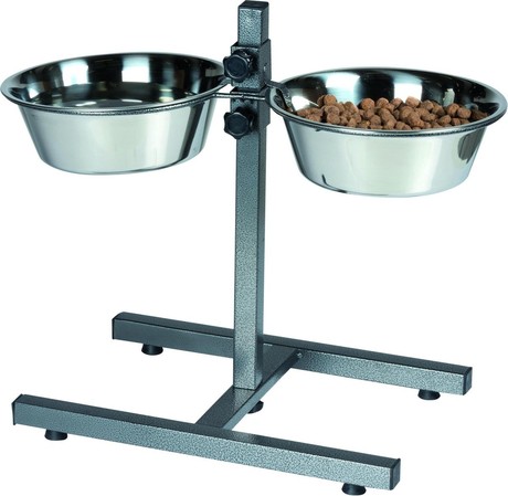 Pet Treatment dvojna posoda s stojalom za živali, 2x 2000ml, za hrano / vodo, nerjaveče jeklo, nastavljiva višina, protizdrsna, 44x40.5x27cm, siva, srebrna
