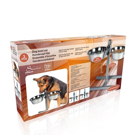 Pet Treatment dvojna posoda s stojalom za živali, 2x 2000ml, za hrano / vodo, nerjaveče jeklo, nastavljiva višina, protizdrsna, 44x40.5x27cm, siva, srebrna
