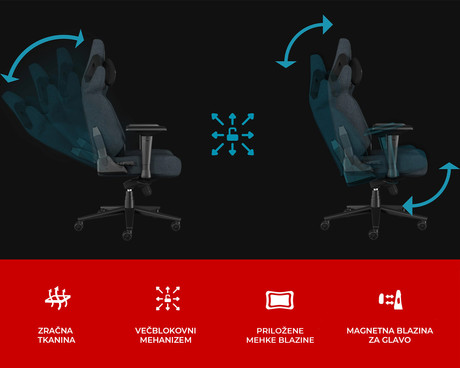 GENESIS NITRO 800 gaming / pisarniški stol, ergonomski, nastavljiva višina / naklon, zibanje, 2x blazina, 4D nasloni za roke, kolesa CareGLide™, tkanina, do 150kg, črno siv