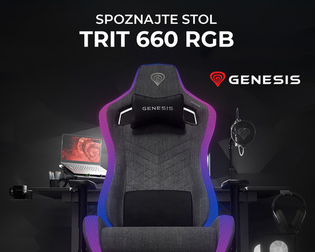 GENESIS TRIT 660 RGB gaming / pisarniški stol, ergonomski, nastavljiva višina / naklon, zibanje, 2x blazina, 2D nasloni za roke, RGB LED osvetlitev, kolesa CareGLide™, tkanina, do 150kg, siv