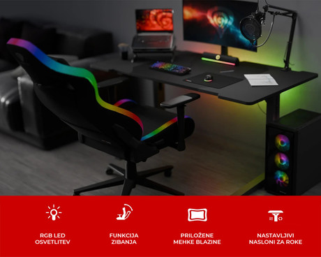 GENESIS TRIT 660 RGB gaming / pisarniški stol, ergonomski, nastavljiva višina / naklon, zibanje, 2x blazina, 2D nasloni za roke, RGB LED osvetlitev, kolesa CareGLide™, tkanina, do 150kg, siv