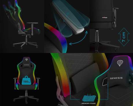 GENESIS TRIT 660 RGB gaming / pisarniški stol, ergonomski, nastavljiva višina / naklon, zibanje, 2x blazina, 2D nasloni za roke, RGB LED osvetlitev, kolesa CareGLide™, tkanina, do 150kg, siv