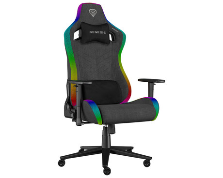 GENESIS TRIT 660 RGB gaming / pisarniški stol, ergonomski, nastavljiva višina / naklon, zibanje, 2x blazina, 2D nasloni za roke, RGB LED osvetlitev, kolesa CareGLide™, tkanina, do 150kg, siv
