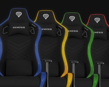 GENESIS TRIT 660 RGB gaming / pisarniški stol, ergonomski, nastavljiva višina / naklon, zibanje, 2x blazina, 2D nasloni za roke, RGB LED osvetlitev, kolesa CareGLide™, tkanina, do 150kg, črn