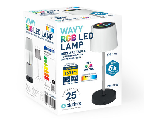 PLATINET PTL45RGB WAVY brezžična namizna LED svetilka, do 160 lumnov, nastavljiva svetlost / barvna temperatura / višina, 1200mAh polnilna baterija, IP44 odpornost, USB Type-C, 28.5x10cm, črno-bela