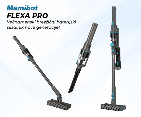 MAMIBOT FLEXA PRO brezžični sesalnik, 2v1 (pokončni, ročni), 14kPa moč, 360° vrtenje, 2200mAh polnilna baterija, 3 nastavki, stenska postaja, ultra lahka teža, za vse površine, črn (Shadow Black)