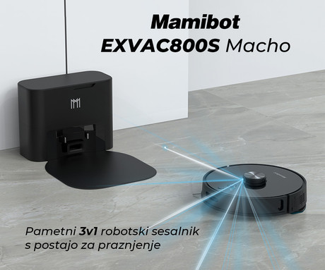 MAMIBOT EXVAC800S MACHO robotski sesalnik, 3v1 hibrid (sesanje, pometanje, pomivanje), 5000Pa moč, LDS 5.0 navigacija, WIFI, 2v1 polnilna postaja CRAFT H, 2v1 rezervoar, aplikacija, črn (Nebula Black)