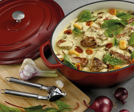 ALPINA litoželezni lonec / posoda, 5L, prevleka proti prijemanju, za vse vrste pečic in kuhalnikov, ročaji, 33x25x11cm, rdeč