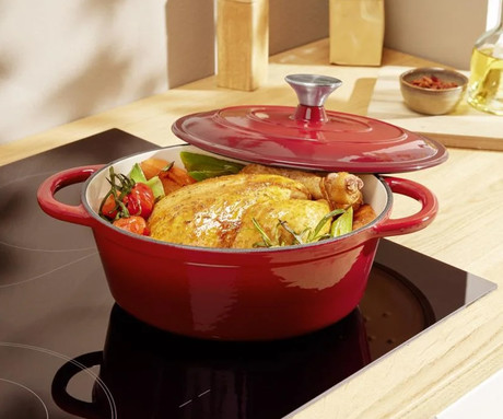 ALPINA litoželezni lonec / posoda, 5L, prevleka proti prijemanju, za vse vrste pečic in kuhalnikov, ročaji, 33x25x11cm, rdeč