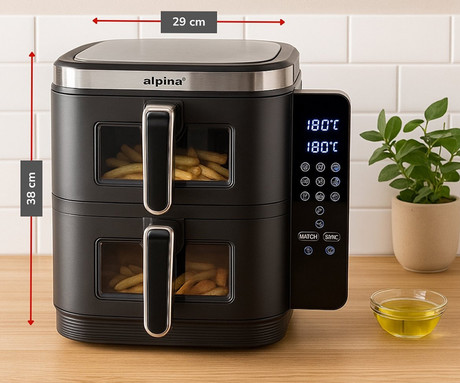 ALPINA DOUBLE XXL cvrtnik / friteza na vroč zrak, 11L, 2800W, 2x posoda, digital, časovnik / timer, sinhronizacija, samodejni izklop, brez olja, 80% manj maščob, črna ALPINA DOUBLE XXL cvrtnik / friteza na vroč zrak, 11L, 2800W, 2x posoda, digital, časovnik / timer, sinhronizacija, samodejni izklop, brez olja, 80% manj maščob, črna