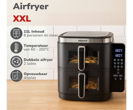 ALPINA DOUBLE XXL cvrtnik / friteza na vroč zrak, 11L, 2800W, 2x posoda, digital, časovnik / timer, sinhronizacija, samodejni izklop, brez olja, 80% manj maščob, črna ALPINA DOUBLE XXL cvrtnik / friteza na vroč zrak, 11L, 2800W, 2x posoda, digital, časovnik / timer, sinhronizacija, samodejni izklop, brez olja, 80% manj maščob, črna