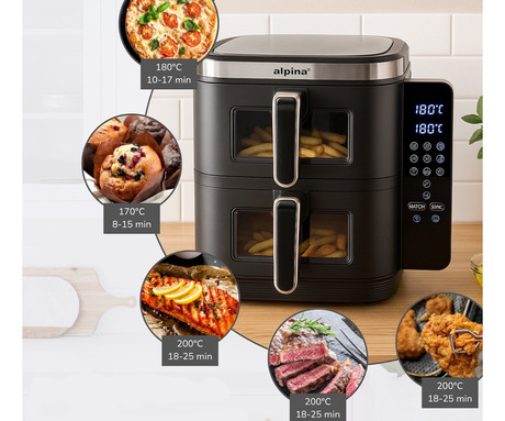 ALPINA DOUBLE XXL cvrtnik / friteza na vroč zrak, 11L, 2800W, 2x posoda, digital, časovnik / timer, sinhronizacija, samodejni izklop, brez olja, 80% manj maščob, črna ALPINA DOUBLE XXL cvrtnik / friteza na vroč zrak, 11L, 2800W, 2x posoda, digital, časovnik / timer, sinhronizacija, samodejni izklop, brez olja, 80% manj maščob, črna