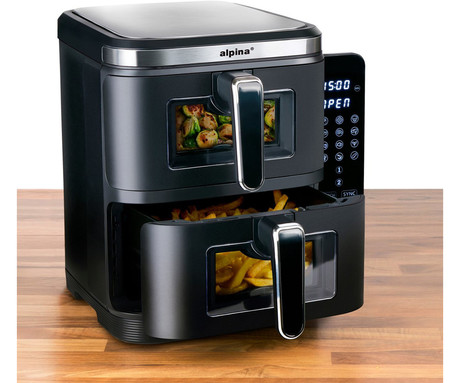 ALPINA DOUBLE XXL cvrtnik / friteza na vroč zrak, 11L, 2800W, 2x posoda, digital, časovnik / timer, sinhronizacija, samodejni izklop, brez olja, 80% manj maščob, črna ALPINA DOUBLE XXL cvrtnik / friteza na vroč zrak, 11L, 2800W, 2x posoda, digital, časovnik / timer, sinhronizacija, samodejni izklop, brez olja, 80% manj maščob, črna
