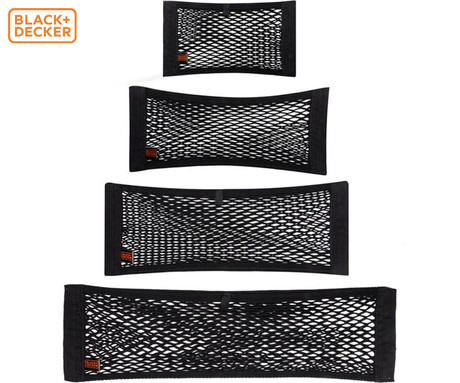 BLACK+DECKER mreže za prtljago za avto, 4 kos, različne velikosti, urejeno shranjevanje, Velcro, 40-80x25cm, črne