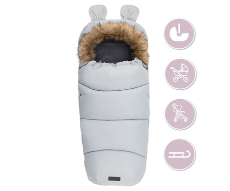 MoMi SLEEPING BAG spalna vreča, izolacijska, vodoodporna, zaščitna, univerzalna oblika, snemljivo krzno, zadrga, luknje za pas, 95x45cm, siva