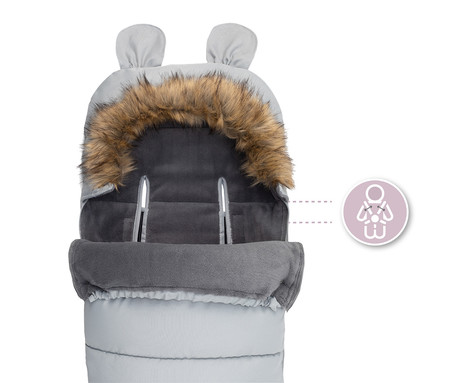 MoMi SLEEPING BAG spalna vreča, izolacijska, vodoodporna, zaščitna, univerzalna oblika, snemljivo krzno, zadrga, luknje za pas, 95x45cm, siva