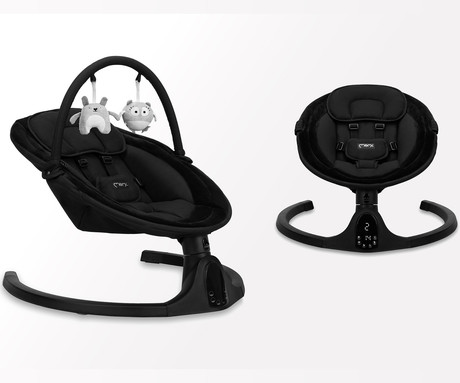 MoMi KENANI ONYX 2v1 otroški gugalnik / zibelka, električni, Bluetooth, 5 načinov zibanja, nastavljiv časovnik, melodije, lok z igračami, varnostni pas, daljinski upravljalnik, črn (Onyx)