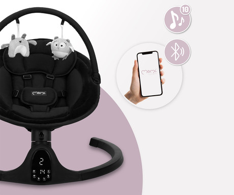 MoMi KENANI ONYX 2v1 otroški gugalnik / zibelka, električni, Bluetooth, 5 načinov zibanja, nastavljiv časovnik, melodije, lok z igračami, varnostni pas, daljinski upravljalnik, črn (Onyx)
